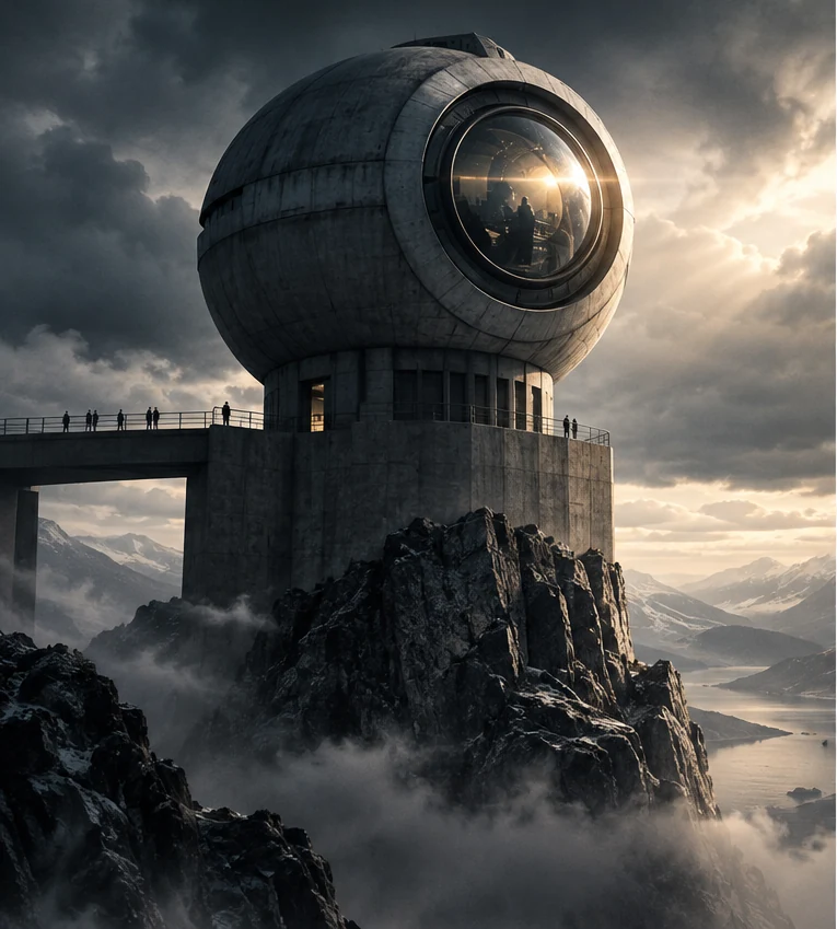 A monumental spherical surveillance observatory built on a cliff, its enormous lens looking out over a remote landscape.