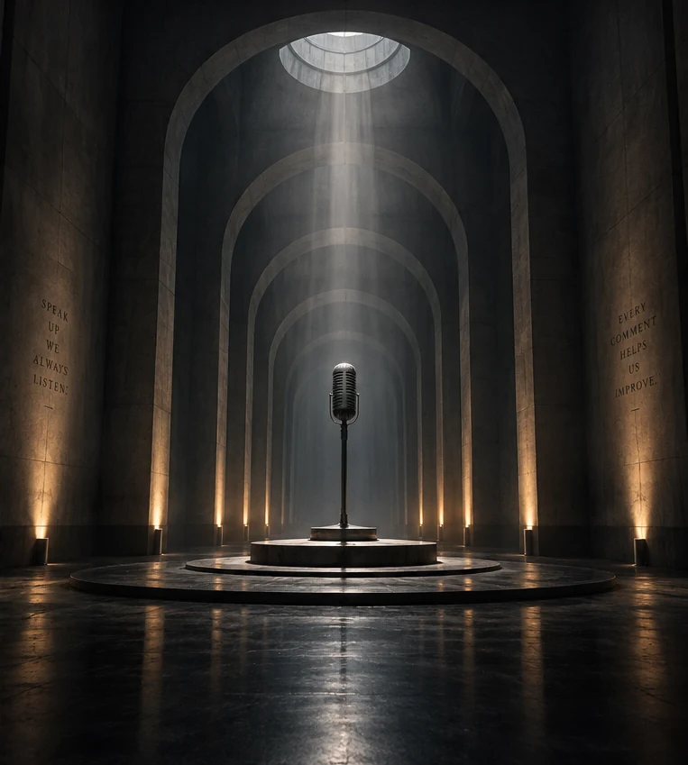 A solitary microphone on a circular platform beneath vaulted stone arches, with a narrow beam of light shining from the ceiling.