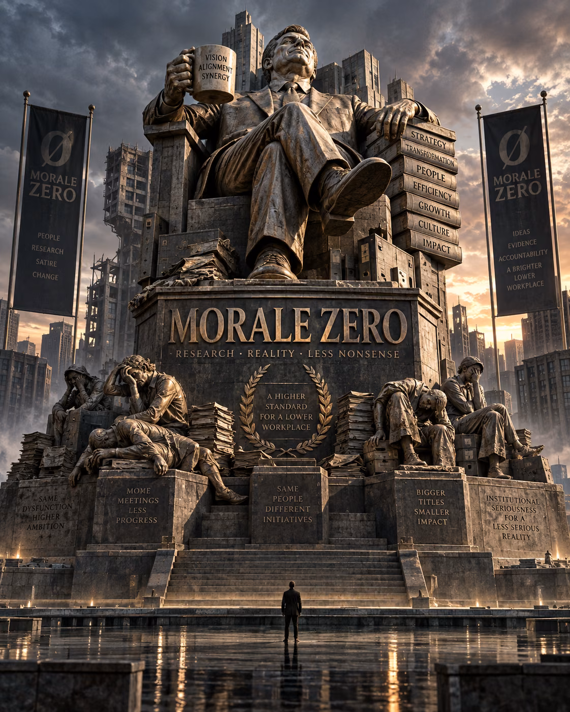 An enormous executive statue above exhausted workers on the Morale Zero pedestal.